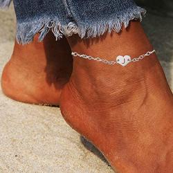 Silver Initial Ankle Bracelets Heart Pendant 26 Letters Alphabet Bracelet for Women