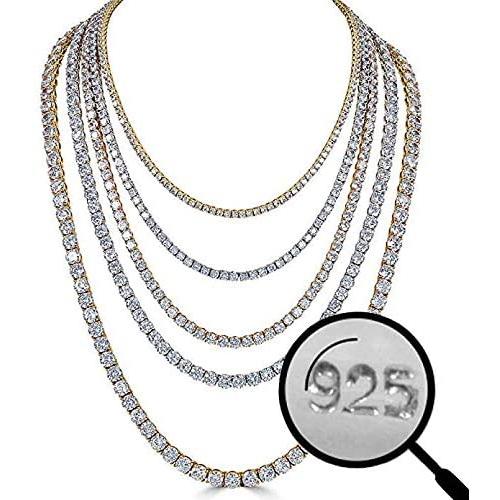 Harlembling Real Solid 925 Silver Mens Tennis Chain - 14k Gold Plated Or Natural Silver - 16-30'' - 3mm 4mm 5mm 6mm - Iced Out Hip Hop CZ Mens One Row Chain (18, 3mm Natural Silver)