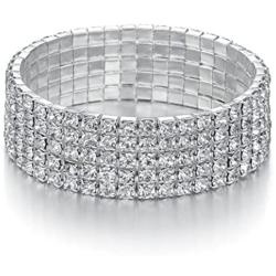 Yumei Jewelry 5 Strand Rhinestone Stretch Bracelet Silver-tone Sparkling Bridal Tennis Bangle