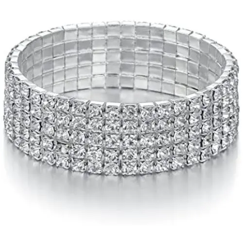 Yumei Jewelry 5 Strand Rhinestone Stretch Bracelet Silver-tone Sparkling Bridal Tennis Bangle Yumei Jewelry 5 Strand Rhinestone Stretch Bracelet Silver-tone Sparkling Bridal Tennis Bangle