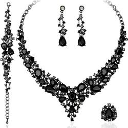 4 Pcs/Set Austrian Crystal Necklace Earrings Bracelet Ring Bridal Jewelry Sets for Brides Wedding Party Costume Accessories Gifts for Women