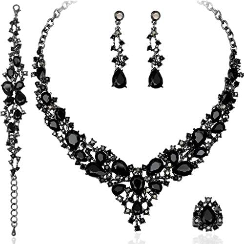 4 Pcs/Set Austrian Crystal Necklace Earrings Bracelet Ring Bridal Jewelry Sets for Brides Wedding Party Costume Accessories Gifts for Women