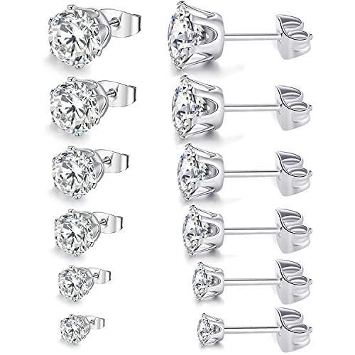 6 Pairs Pack of Earrings for Women Men Cubic Zirconia Studs Gold Plated Hypoallgenic