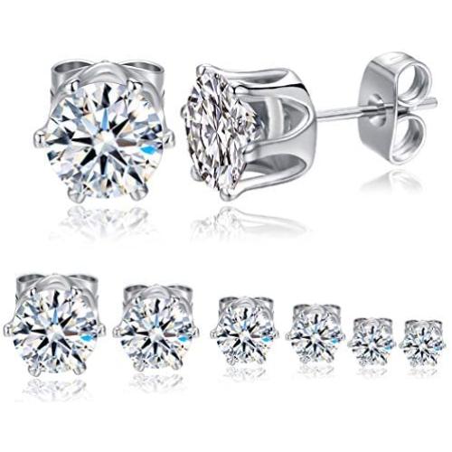 GEMSME 18K White Gold Plated Round Cubic Zirconia Stud Earrings Hypoallergenic Jewelry for Women Men