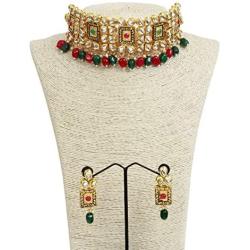 SANARA Indian Bollywood Gold Plated Bridal Red Green Kundan Necklace Earring Set Jewelry