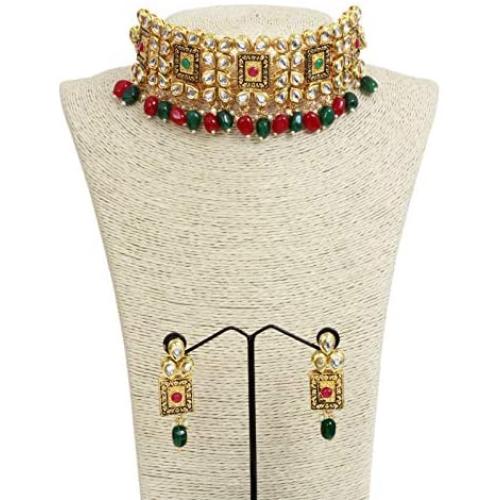 SANARA Indian Bollywood Gold Plated Bridal Red Green Kundan Necklace Earring Set Jewelry