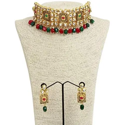 SANARA Indian Bollywood Gold Plated Bridal Red Green Kundan Necklace Earring Set Jewelry