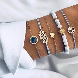 Haloty Boho Turtle Love Bracelet Set Pineapple Hawaii Bracelet Hollow Map Hand Jewelry for Women and Girls(5Pcs)