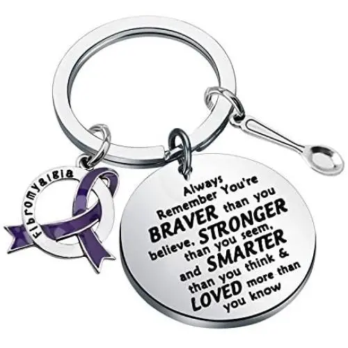 FUSTMW Fibromyalgia Awareness Keychain Gifts Fibromyalgia Awareness Ribbon You are Braved Than You Believe Fibromyalgia Inspiration Jewelry