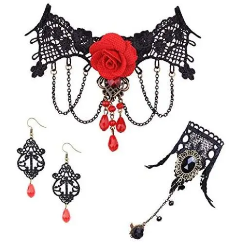 FUNRUN JEWELRY Black Lace Necklace Bracelet Earring Set for Women Halloween Jewelry Set Vintage Gothic Lolita Jewelry for Party Wedding FUNRUN JEWELRY Black Lace Necklace Bracelet Earring Set for Women Halloween Jewelry Set Vintage Gothic Lolita Jewelry for Party Wedding