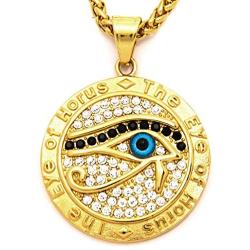 Warvik Egypt Eye Horus CZ Stone Tag Pendant Ancient Letter Necklace Gold Color, Stainless Steel Jewelry Men Women Wheat Chain 20/28 Inch