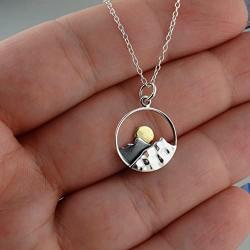 FashionJunkie4Life Sterling Silver Mountain Range Peaks Charm Necklace with Bronze Sun, 18'' Chain
