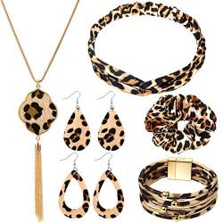 Yaomiao Leopard Print Jewelry Set Leopard Bracelet Faux Leather Dangle Earrings Long Tassel Pendant Necklace Headband Head Wrap