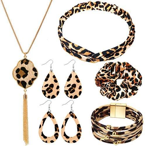 Yaomiao Leopard Print Jewelry Set Leopard Bracelet Faux Leather Dangle Earrings Long Tassel Pendant Necklace Headband Head Wrap