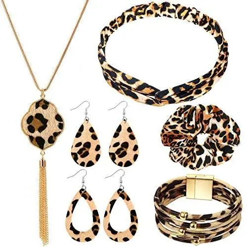 Yaomiao Leopard Print Jewelry Set Leopard Bracelet Faux Leather Dangle Earrings Long Tassel Pendant Necklace Headband Head Wrap Yaomiao Leopard Print Jewelry Set Leopard Bracelet Faux Leather Dangle Earrings Long Tassel Pendant Necklace Headband Head Wrap