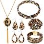 Yaomiao Leopard Print Jewelry Set Leopard Bracelet Faux Leather Dangle Earrings Long Tassel Pendant Necklace Headband Head Wrap