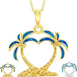 Created Blue/White Opal Heart Shaped Palm Tree Silver/14k Gold/14k Rose Gold Plated Sterling Silver Pendant 18’’ Necklace Jewelry for Women or Teens