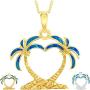 Created Blue/White Opal Heart Shaped Palm Tree Silver/14k Gold/14k Rose Gold Plated Sterling Silver Pendant 18’’ Necklace Jewelry for Women or Teens