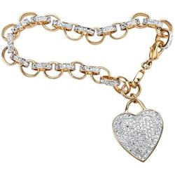 18K Yellow Gold Plated Genuine Diamond Accent Heart Charm Link Bracelet (27mm), Lobster Claw Clasp, 7.75 inch Adjustable