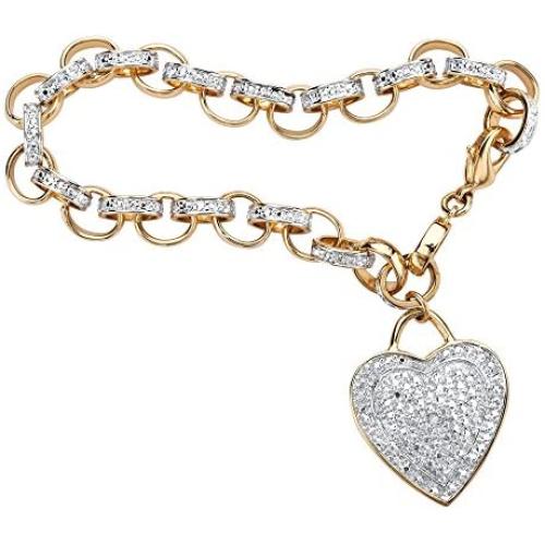 18K Yellow Gold Plated Genuine Diamond Accent Heart Charm Link Bracelet (27mm), Lobster Claw Clasp, 7.75 inch Adjustable