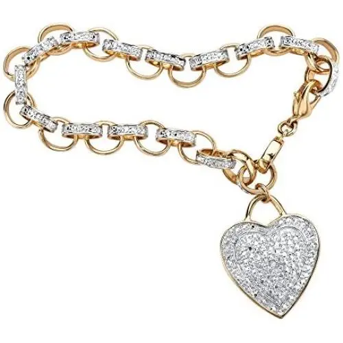 18K Yellow Gold Plated Genuine Diamond Accent Heart Charm Link Bracelet (27mm), Lobster Claw Clasp, 7.75 inch Adjustable 18K Yellow Gold Plated Genuine Diamond Accent Heart Charm Link Bracelet (27mm), Lobster Claw Clasp, 7.75 inch Adjustable
