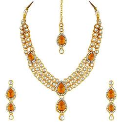 Aheli Wedding Wear Indian Kundan Maang Tikka Earrings Necklace Set Bollywood Ethnic Traditional Jewelry for Women