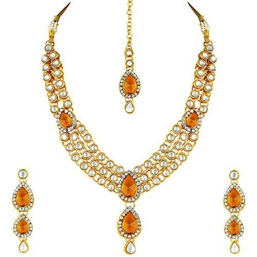 Aheli Wedding Wear Indian Kundan Maang Tikka Earrings Necklace Set Bollywood Ethnic Traditional Jewelry for Women
