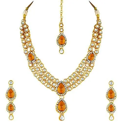 Aheli Wedding Wear Indian Kundan Maang Tikka Earrings Necklace Set Bollywood Ethnic Traditional Jewelry for Women Aheli Wedding Wear Indian Kundan Maang Tikka Earrings Necklace Set Bollywood Ethnic Traditional Jewelry for Women