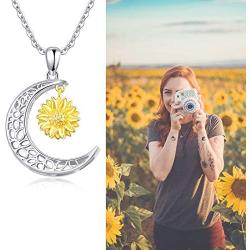 Gold Yellow Sunflower Moon Necklace, THRISHULA Sterling Silver Hollow-Cut Crescent Moon Small Yellow Sunflower Pendant Necklace for Women Girls Birthday Jewelry Gift 18+2 (Gift Box Included)