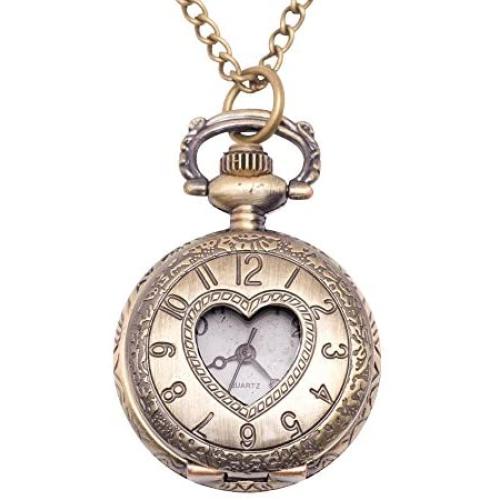 81stgeneration Womens Analogue Quartz Vintage Style Love Heart Pocket Watch Brass Pendant Necklace, 78 cm