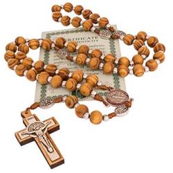 Catholic Olive Wood Rosary Beaded Prayer Cross Crucifixion of Christ Jesus Necklace St. Benedict Decor for Auto Vehicle for Men Women Religious Jewelry Pendant 22 inch