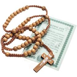 Christian Catholic Wooden Beige Rosary Prayer Beaded Cross Crucifix Christ Jesus Necklace for Auto Car for Men Women Religious Jewelry Jerusalem Pendant 20''