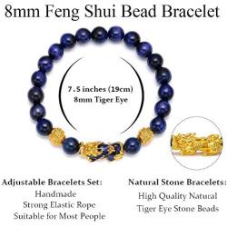 BOMAIL Feng Shui Good Luck Bracelets- Natural Tiger Eye Stone Healing Energy Pixiu Dragon Charm Beaded Bracelet Attach Wealth Money Jewelry