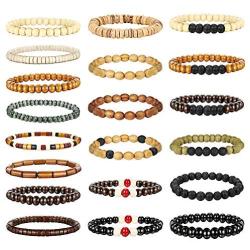 Jstyle 20Pcs Wooden Bead Bracelet for Women Mens Lava Rock Stone Beads Essential Oil Diffuser Beaded Bracelets Bangles Elastic Stretch Bracelet Set