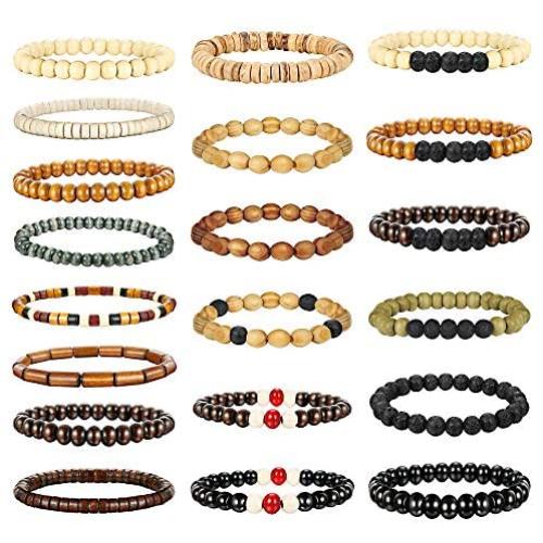 Jstyle 20Pcs Wooden Bead Bracelet for Women Mens Lava Rock Stone Beads Essential Oil Diffuser Beaded Bracelets Bangles Elastic Stretch Bracelet Set