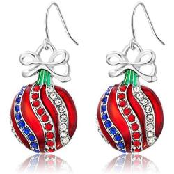 RareLove Christmas Red Ornaments Ball Crystal Piercing Dangle Earrings Red Blue White CZ Rhinestone Silver Plated Alloy Holiday Jewelry For Women Girls