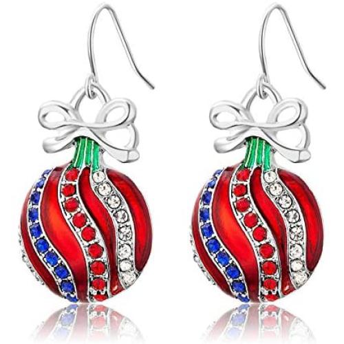 RareLove Christmas Red Ornaments Ball Crystal Piercing Dangle Earrings Red Blue White CZ Rhinestone Silver Plated Alloy Holiday Jewelry For Women Girls
