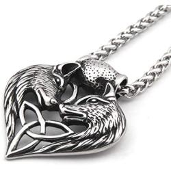 GUNGNEER Mens Stainless Steel Wolf Head Heart Celtic Knot Amulet Pendant Triquetra Necklace Talisman Irish Jewelry