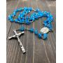 Nazareth Store Rosary Necklace 7mm Round Light Blue Beads Turquoise Cat Eye Stone Miraculous Medal with Crucifix - Velvet Bag