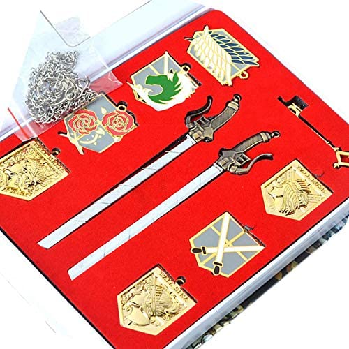 10 Pieces Attack on Titan Shingeki No Kyojin Wall Maria Rose Sina Gold Badge Dual Weapon Sword Blade Pendant Charm Necklace Erens Key Keychain Cosplay Accessory Jewelry Set in a Collection Box