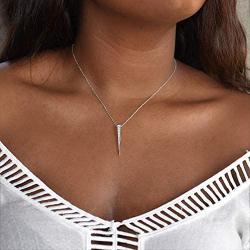 Rhodium Plated Sterling Silver Pave Vertical Bar Pendant Necklace 18 Inch