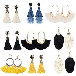 Udalyn 9 Pairs Tassel Earrings Bohemian Silky Thread Fan Fringe Tassel Earrings Set Fashion Colorful Handmade Dangle Hook Eardrop For Women Jewelry Gift