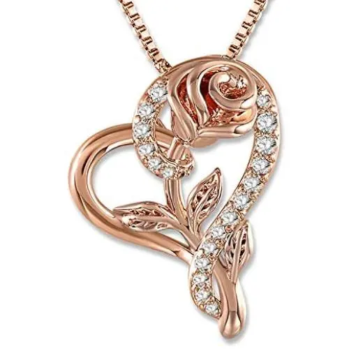 Rose Necklace for Women 5A Cubic Zirconia Love Heart Pendant Necklace Jewelry with Gift Box