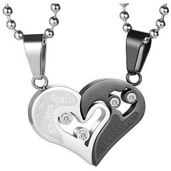 GAGAFEEL His Her Couple Necklace Stainless Steel Pendant Heart Cz Puzzle Matching Set I Love You Gift Box