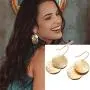 Dangle Drop Earrings for Women Fashion Big Double Circle Disc 14K Gold Filled Brushed Wave Round Hoop Statement Post Dangle French Wire Earrings Minimalist Jewelry for Girls Gift for Her