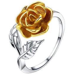 U7 Cute Ring for Women Teen Girls|3D Vivid Rose Flower End Wrap Ring Platinum Plated Adjustable Stacking Ring, Platinum Gold Rose Gold Color