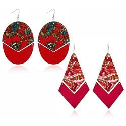 ZRosse 2 pairs African Tradition Prints Wooden Drop Earrings Afrocentric Ethnic Bohemian Styles Big Wood Loops Jewelry For Women Gifts