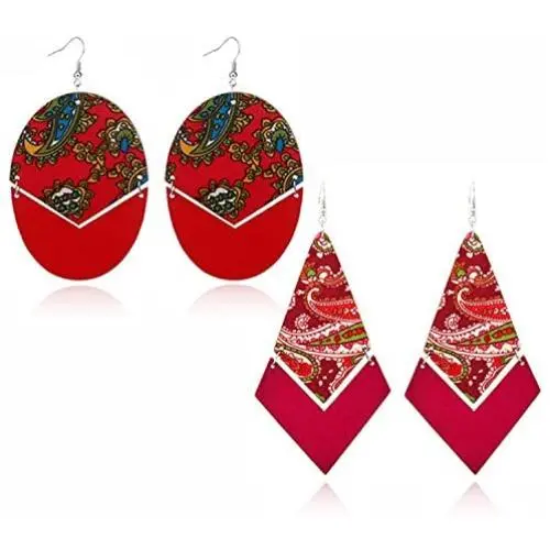ZRosse 2 pairs African Tradition Prints Wooden Drop Earrings Afrocentric Ethnic Bohemian Styles Big Wood Loops Jewelry For Women Gifts