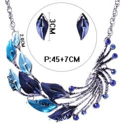 iNewcow Tibetan Silver Blue Peacock Crystal Earrings Necklace Set for Wedding Party