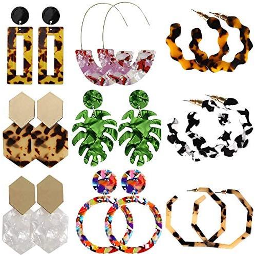 9 Pairs Acrylic-Resin-Hoop-Earrings-Set for Women Statement Leopard Earrings Stud Mottled Drop Dangle Earring Bohemian Jewelry for Girls